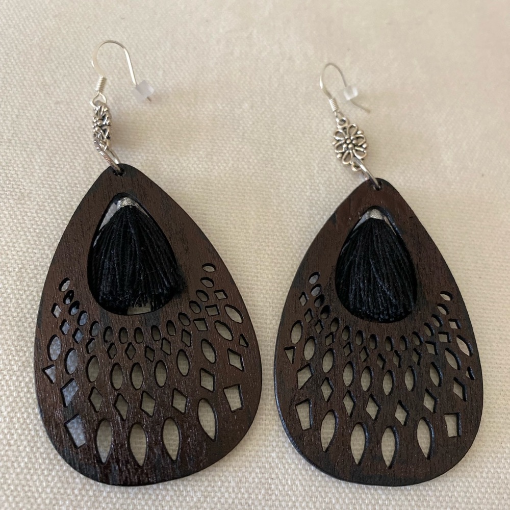 New Long Dark Brown Leather Earrings Handmade